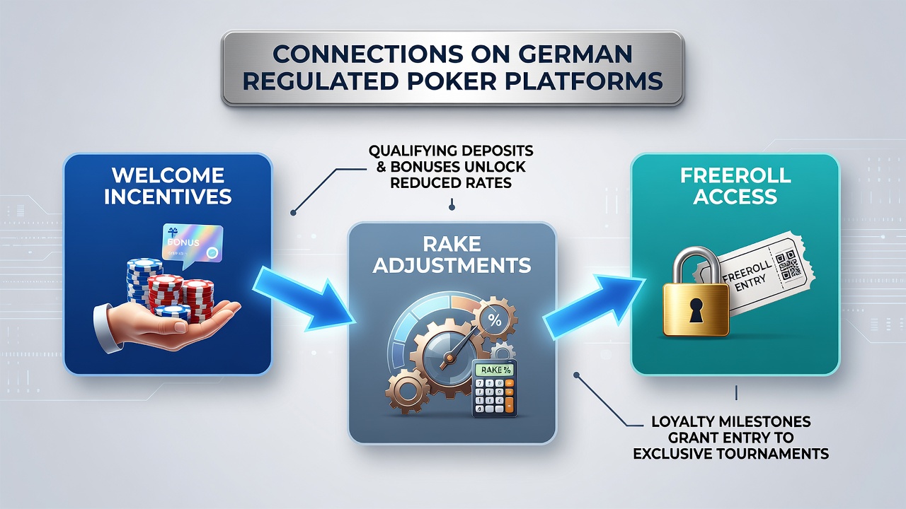 Darstellung der Verbindungen zwischen Willkommensboni, Rake-Strukturen und Freeroll-Zugang auf regulierten Poker-Plattformen in Deutschland
