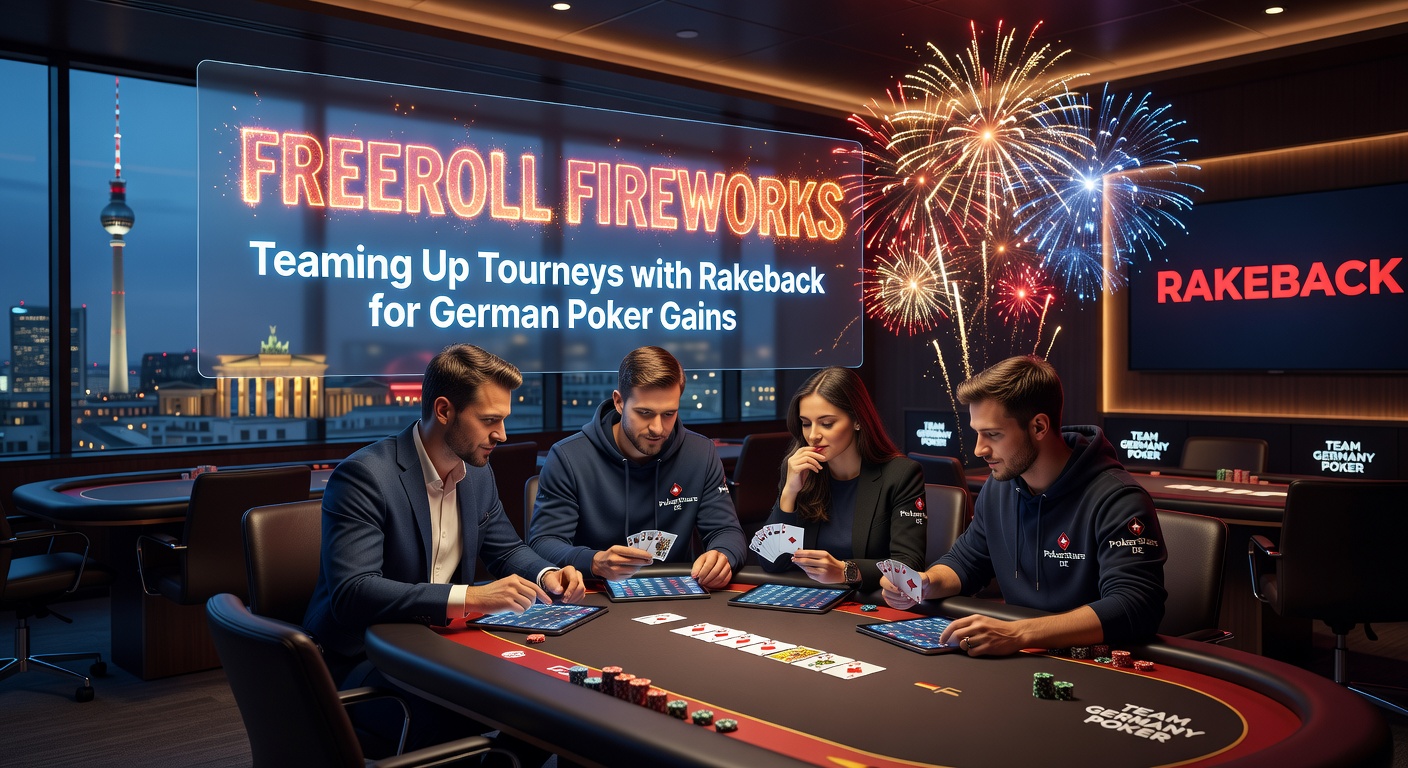Poker-Spieler feiern einen Freeroll-Sieg mit Feuerwerk-Effekten und Rakeback-Berechnungen im Hintergrund
