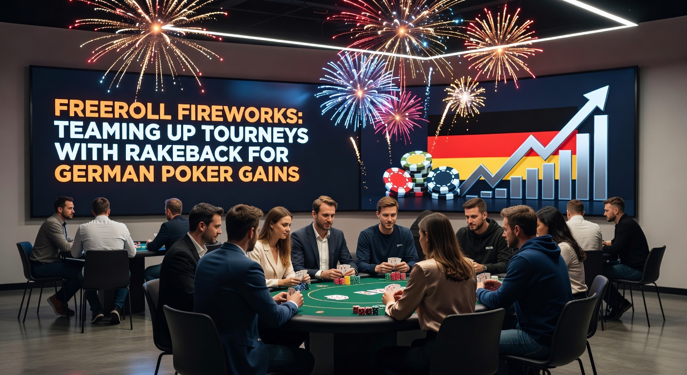 Grafik zeigt Freeroll-Turnierstruktur mit Rakeback-Balken und deutschen Flaggen für regionale Relevanz