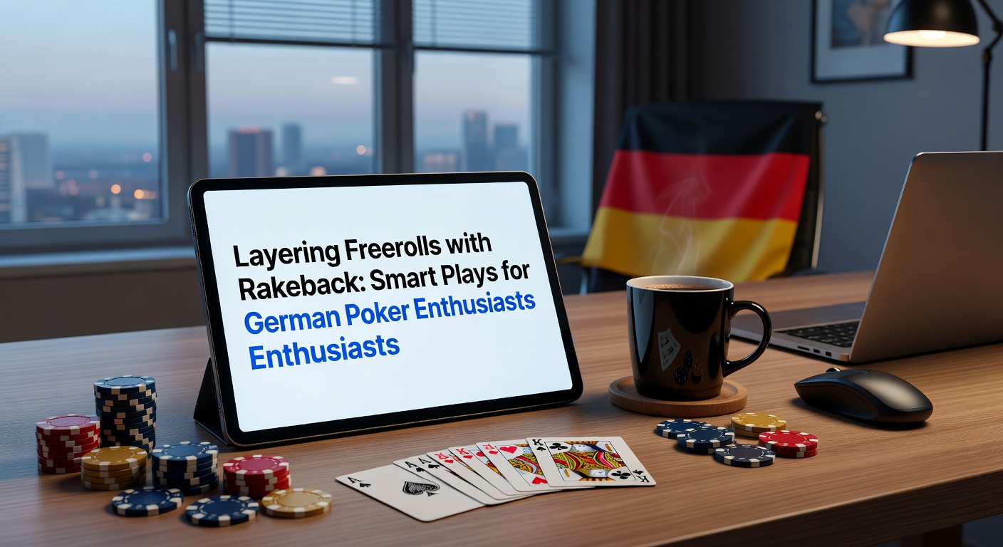 Deutscher Poker-Spieler am Laptop mit Freeroll-Turnier und Rakeback-Anzeige im Vordergrund, symbolisiert clevere Kombinationsstrategien