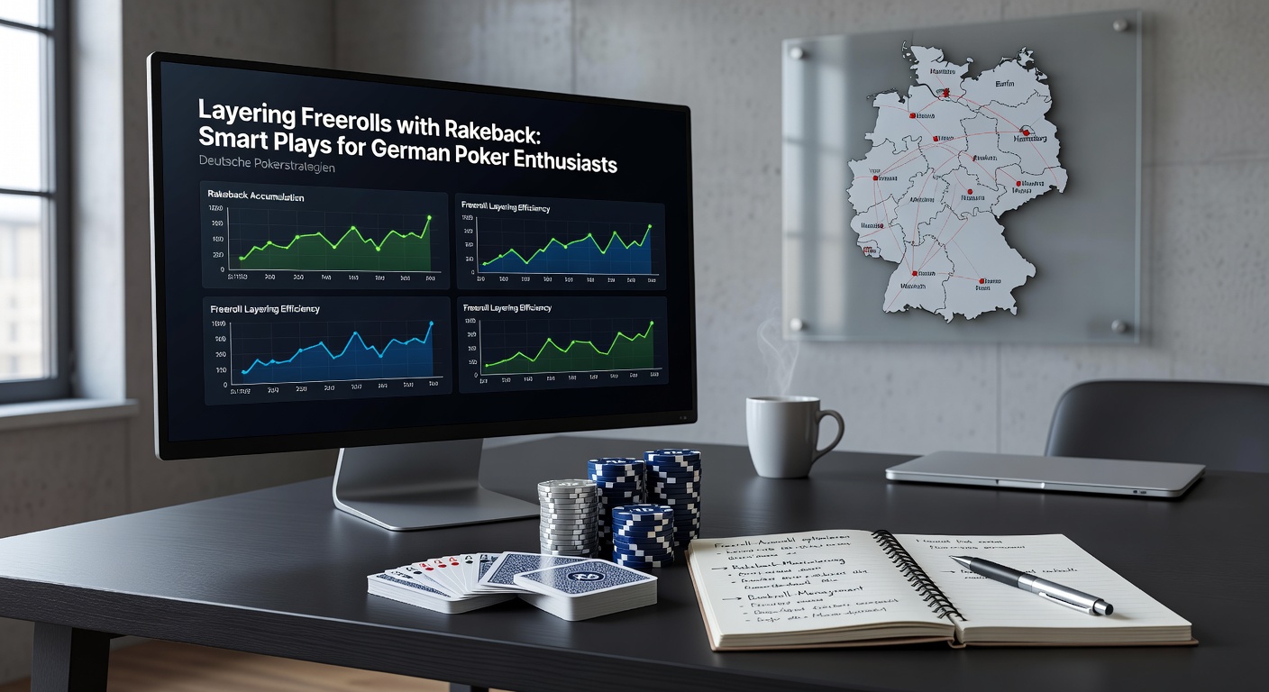 Grafik mit Schichten von Freeroll-Turnieren übereinander gestapelt auf Rakeback-Balken, illustriert die Strategie für deutsche Spieler