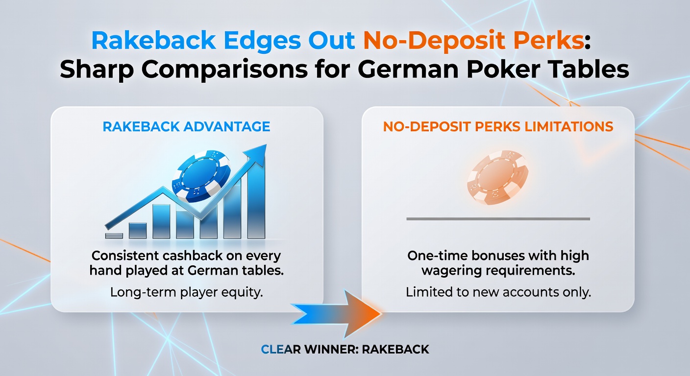 Grafik, die Rakeback-Renditen mit No-Deposit-Boni bei deutschen Online-Poker-Anbietern vergleicht, inklusive Balkendiagrammen und Prozentsätzen