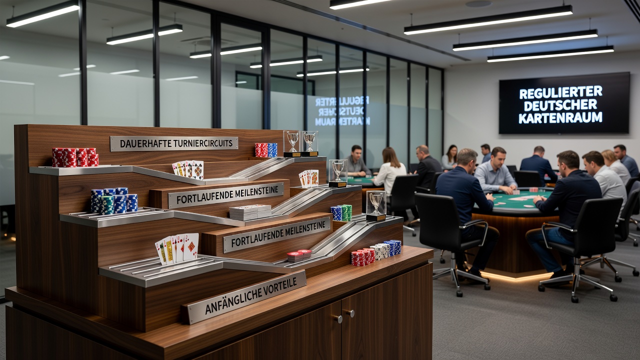 Illustration gestaffelter Belohnungssysteme und Meilensteinpfade in deutschen Poker-Venues